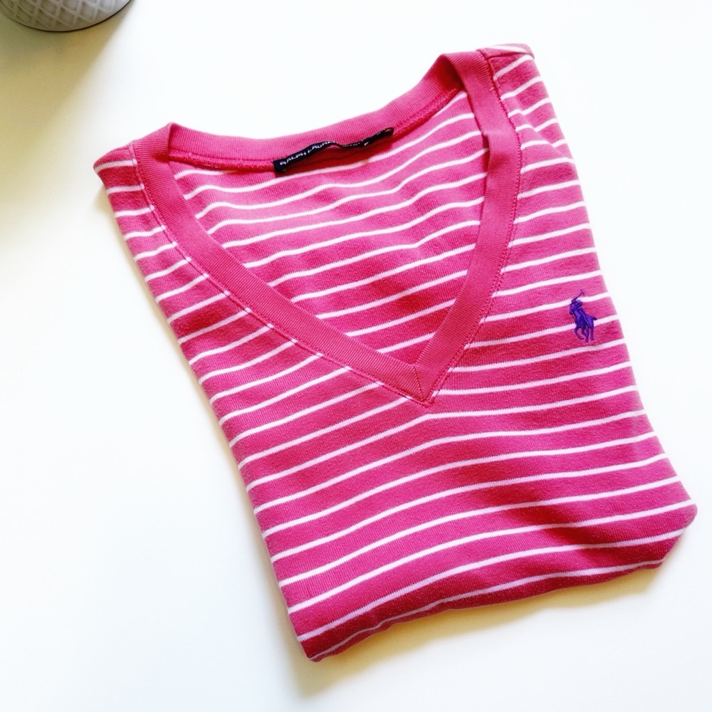 Ralph Lauren - Fuchsia and White Striped V-Neck T-shirt